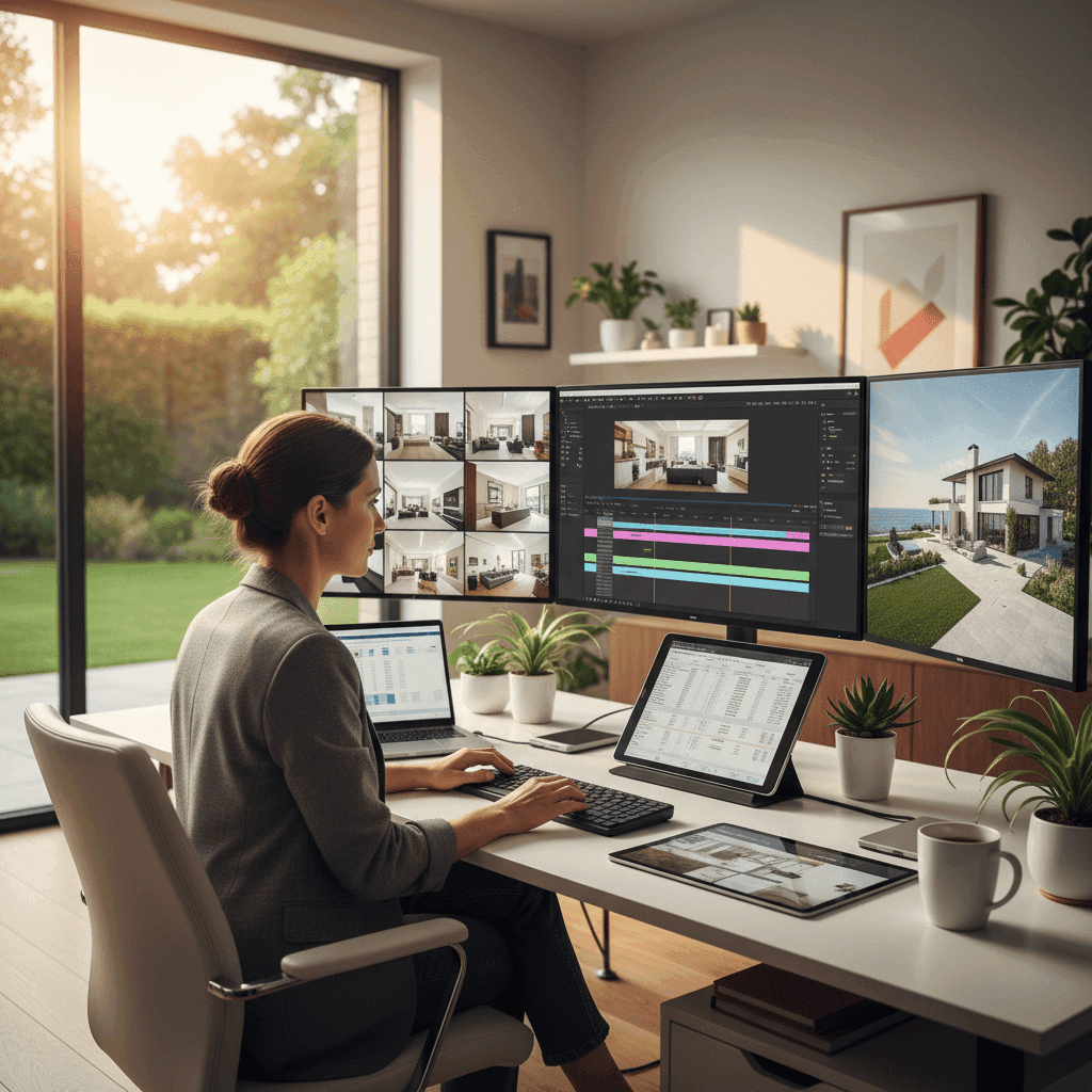 An image depicting an abstract representation of Batch Create Real Estate Content for a Month in Hours
